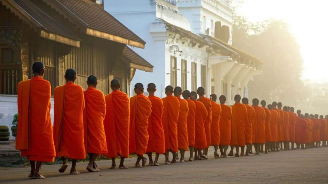 Monges budistas em Luang Prabang durante a cerimônia de Tak Bat ao amanhecer.