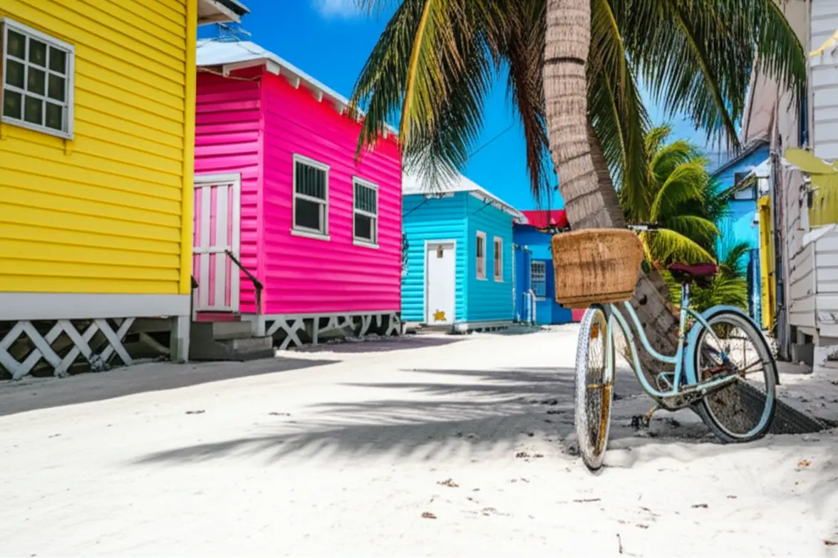 Rua de areia em Caye Caulker com casas coloridas de madeira e uma bicicleta estacionada sob palmeiras.