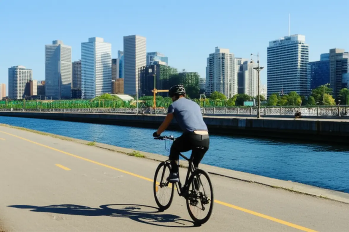 Ciclista pedalando ao longo do Canal Lachine com a paisagem urbana de Montreal ao fundo.