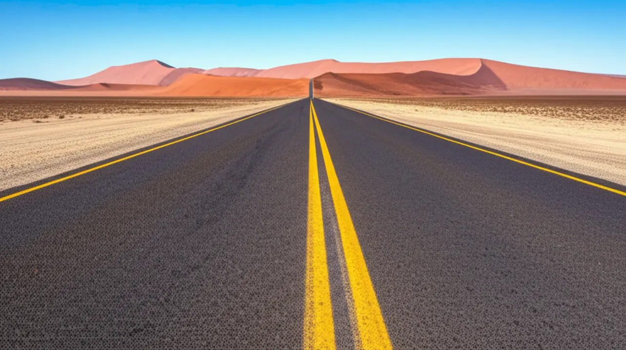Uma estrada de asfalto solitária cortando o vasto Deserto do Namibe em direção a Swakopmund.
