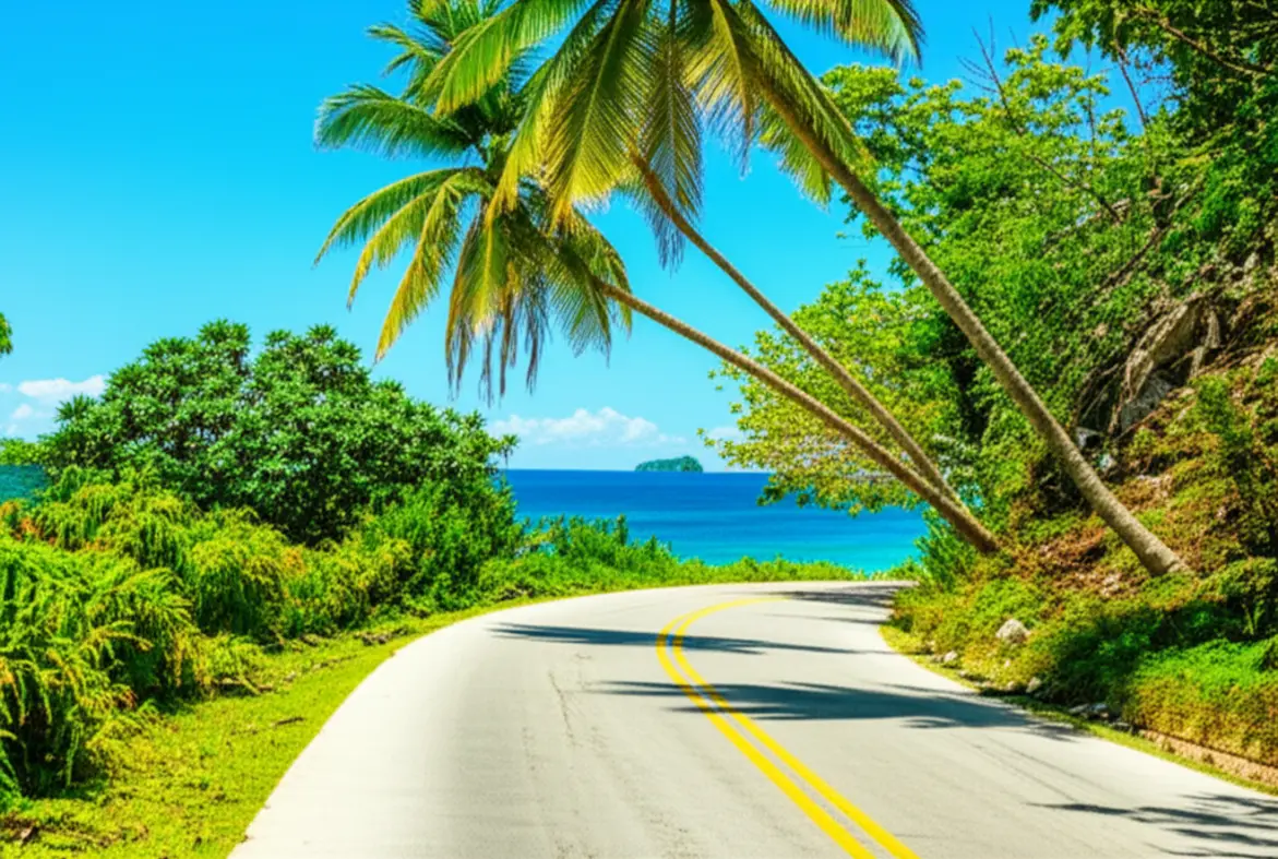 Estrada costeira tropical em Antígua com vegetação exuberante e vista para o mar azul.