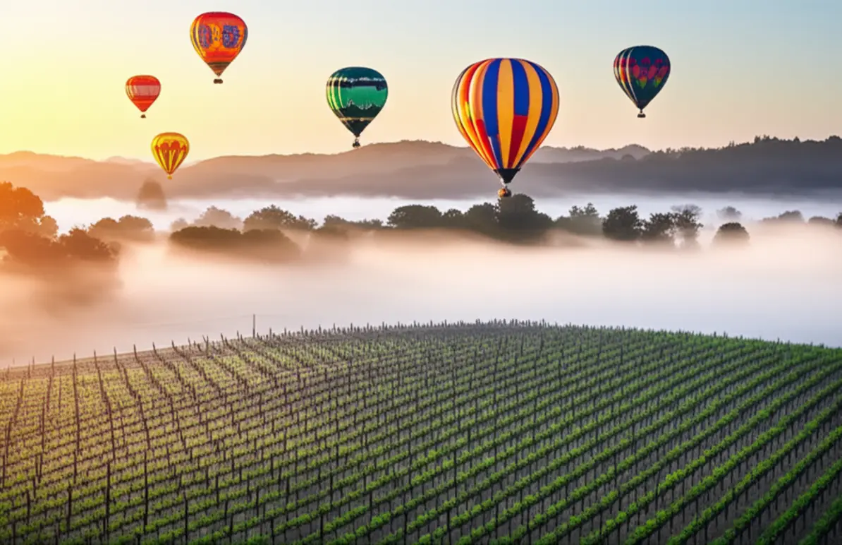 Balões de ar quente coloridos sobrevoando os vinhedos de Napa Valley ao amanhecer.
