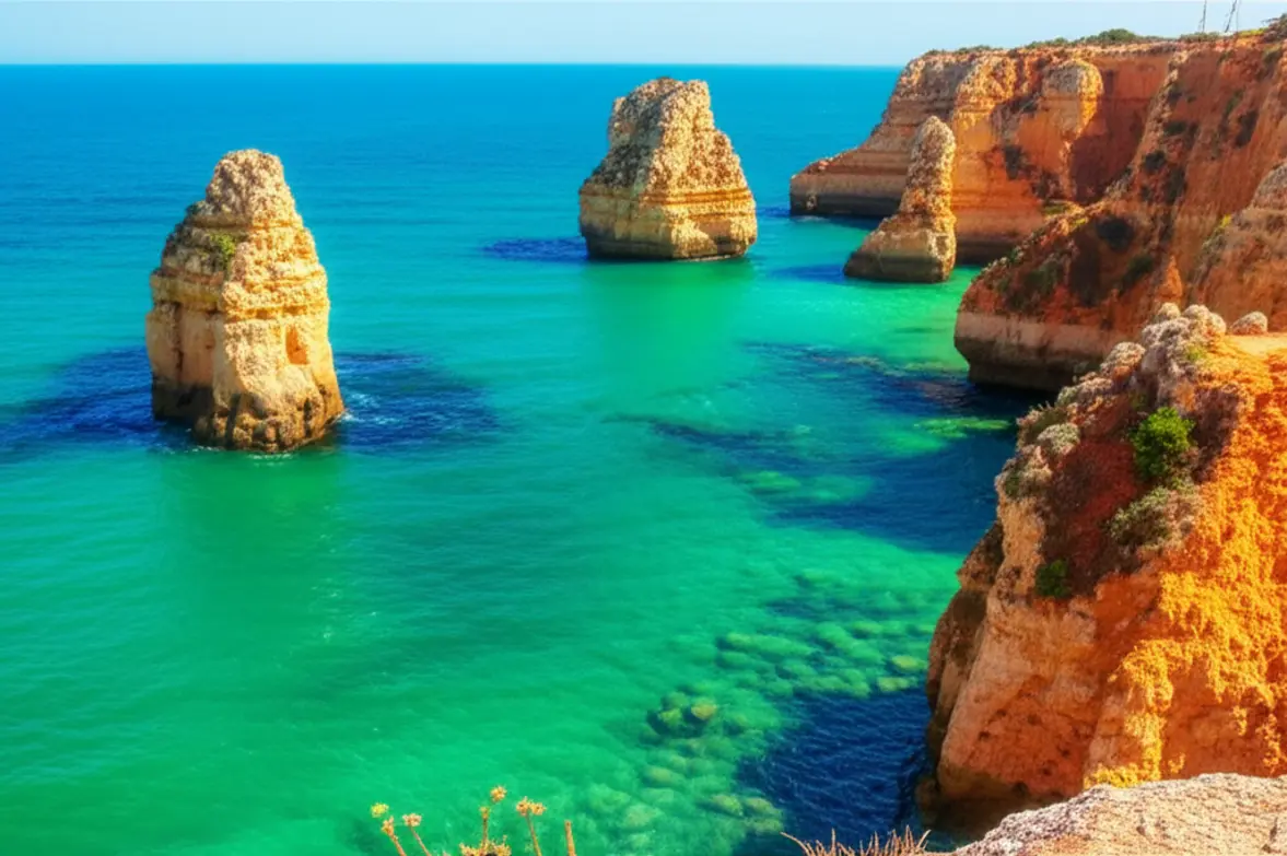 Vista panorâmica das falésias douradas da Ponta da Piedade em Lagos, Algarve.