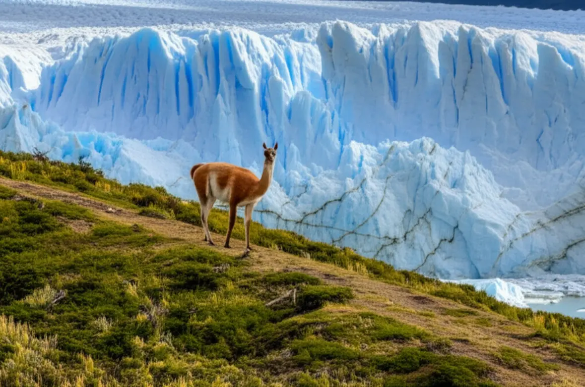 Guanaco selvagem em uma colina com o Glaciar Grey ao fundo em Torres del Paine.
