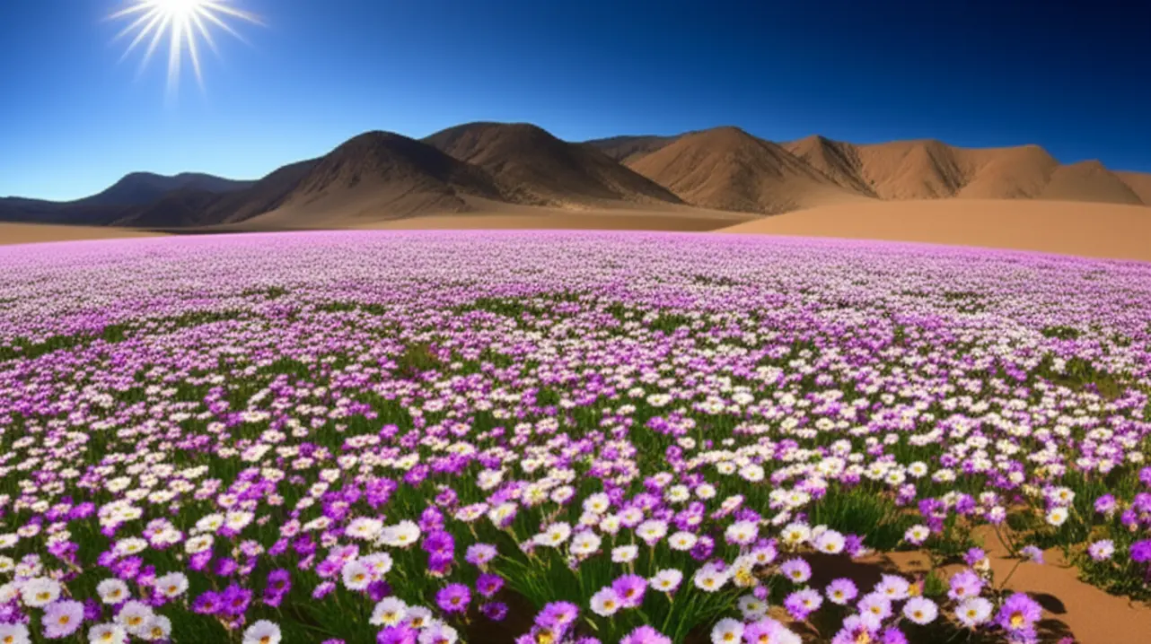 O fenômeno do Deserto Florido em Copiapó, com flores roxas cobrindo a areia árida.