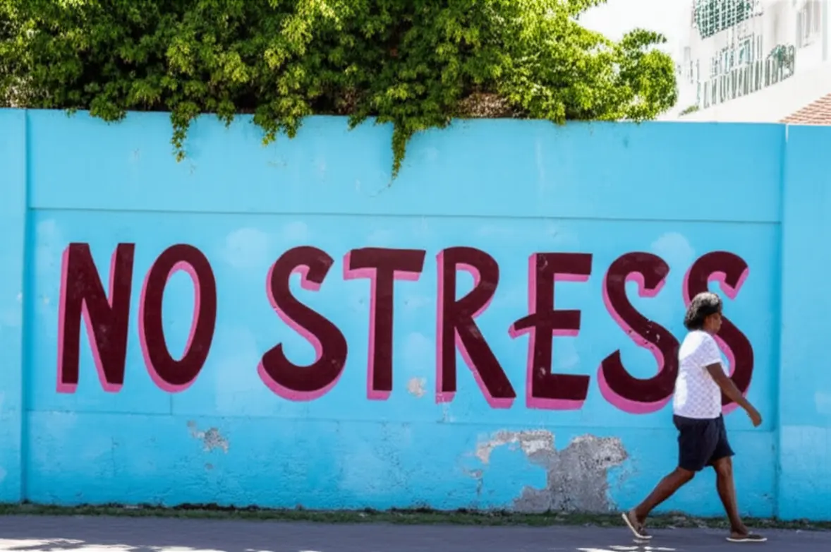 Parede colorida em Santa Maria com a frase No Stress escrita de forma artística, simbolizando o estilo de vida local.