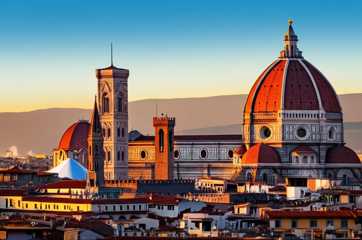 Vista aérea panorâmica da Catedral de Florença e do horizonte da cidade ao entardecer.