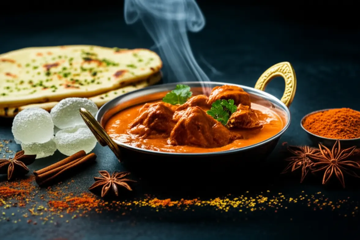 Um banquete de culinária Mughlai com curry rico e o doce tradicional Petha de Agra.