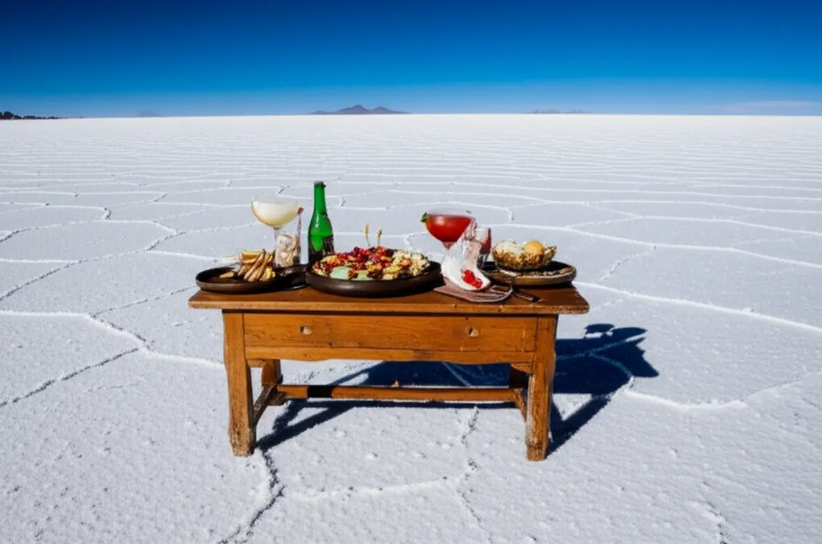 Mesa de piquenique montada no meio do deserto de sal com pratos de quinoa.
