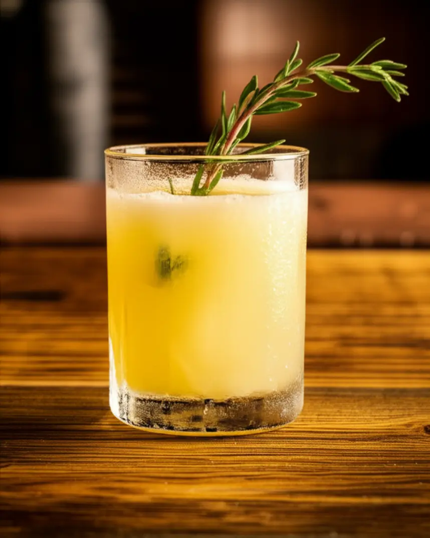 Um copo de Pisco Sour com erva Rica-Rica sobre uma mesa de madeira rústica.