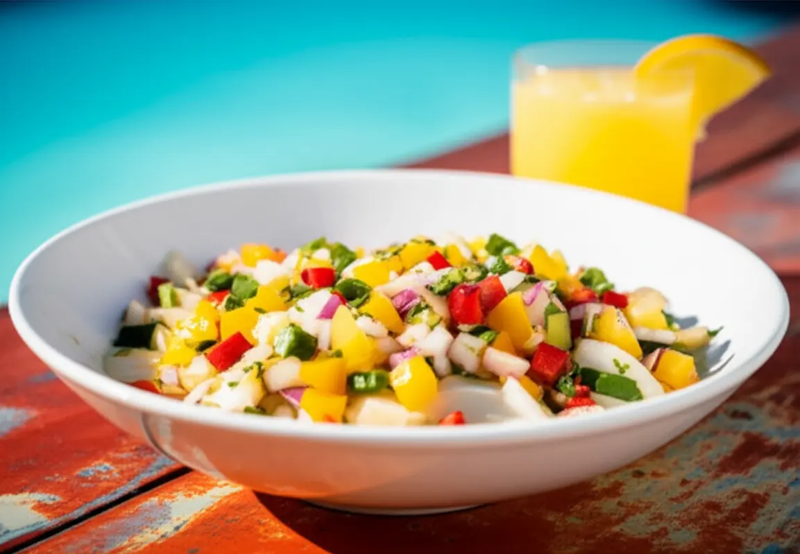 Prato de salada de conch fresca servido em uma mesa de madeira em frente ao mar.