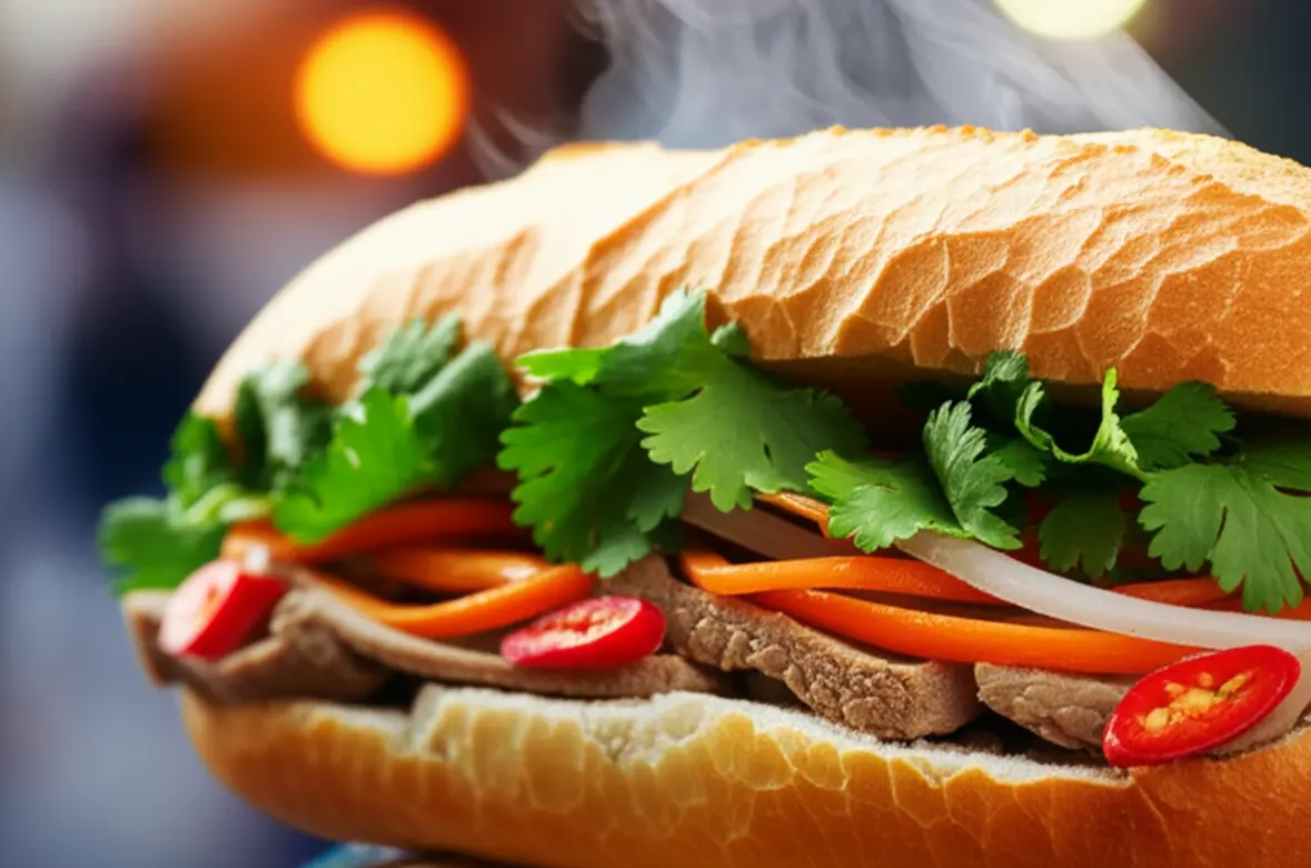 Um sanduíche Banh Mi crocante e recheado em uma barraca de rua.