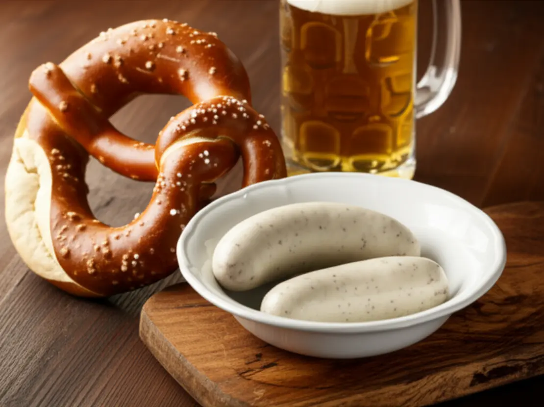 Prato típico bávaro com salsichas brancas, pretzel e cerveja de trigo.