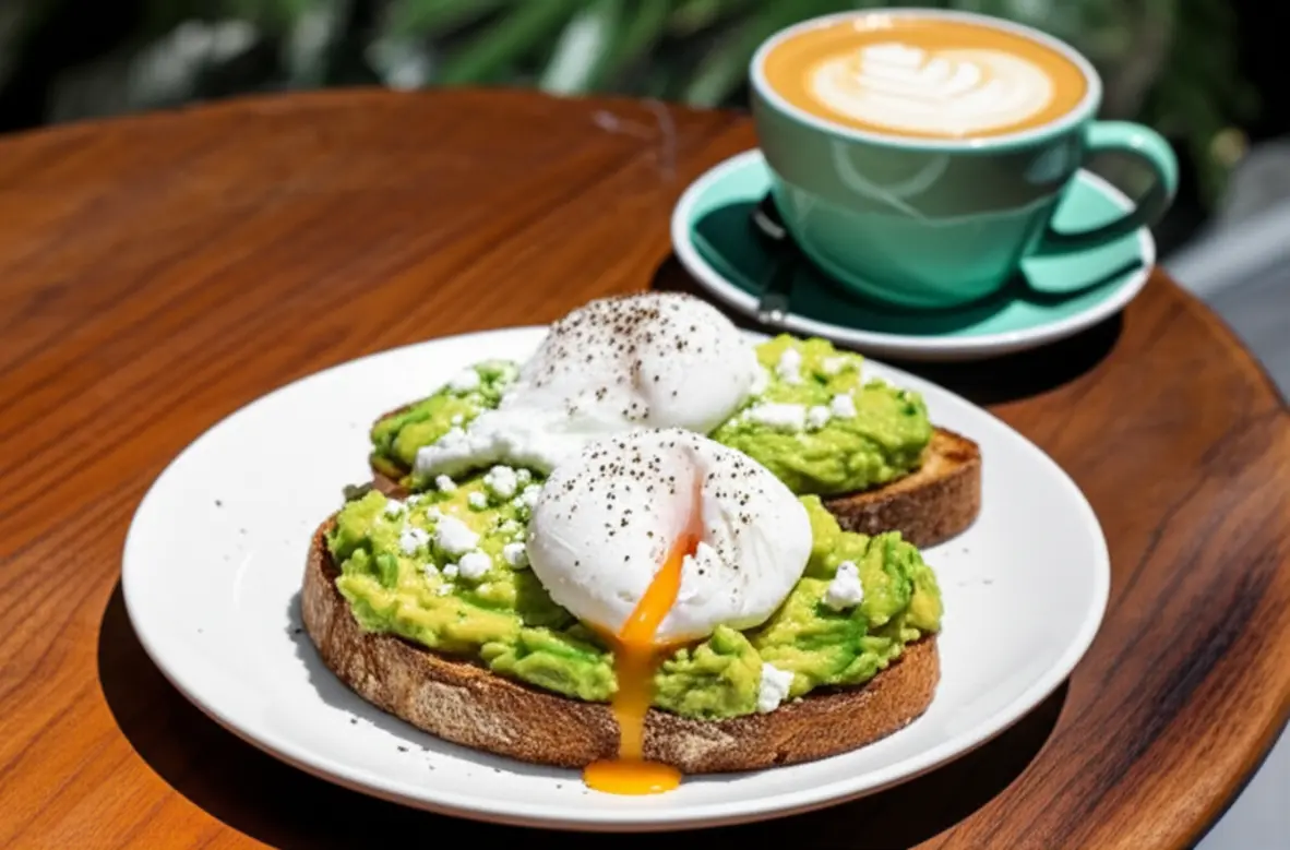 Prato de torrada com abacate amassado, ovo poché e queijo feta acompanhado de um café Flat White.