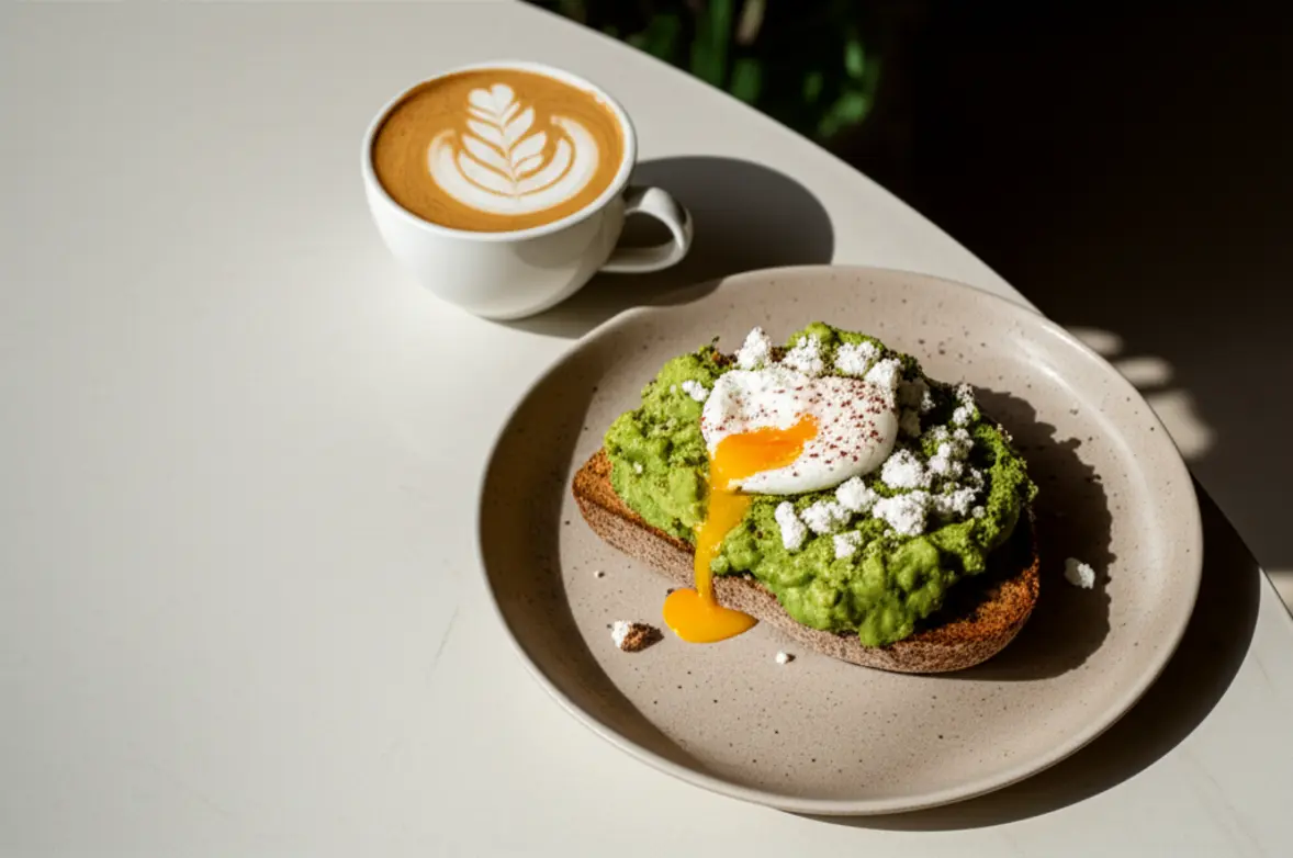 Um café Flat White e uma torrada de abacate (Smashed Avo) em um café moderno.