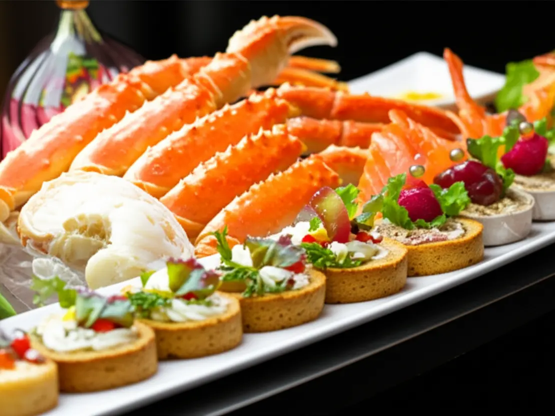 Variedade de pratos gourmet e frutos do mar em um buffet de luxo em Las Vegas.