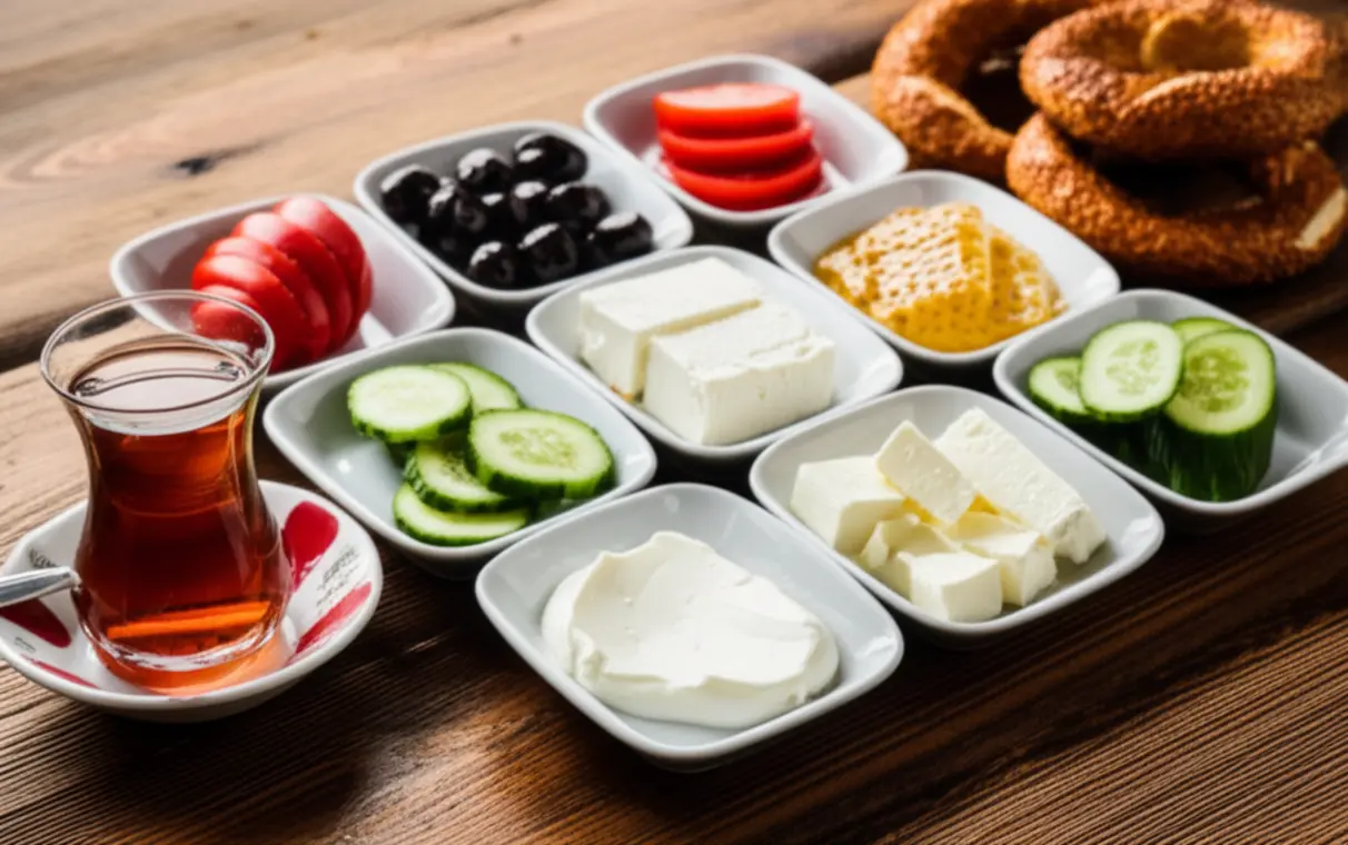 Mesa de madeira repleta de pratinhos coloridos com ingredientes do tradicional café da manhã turco.