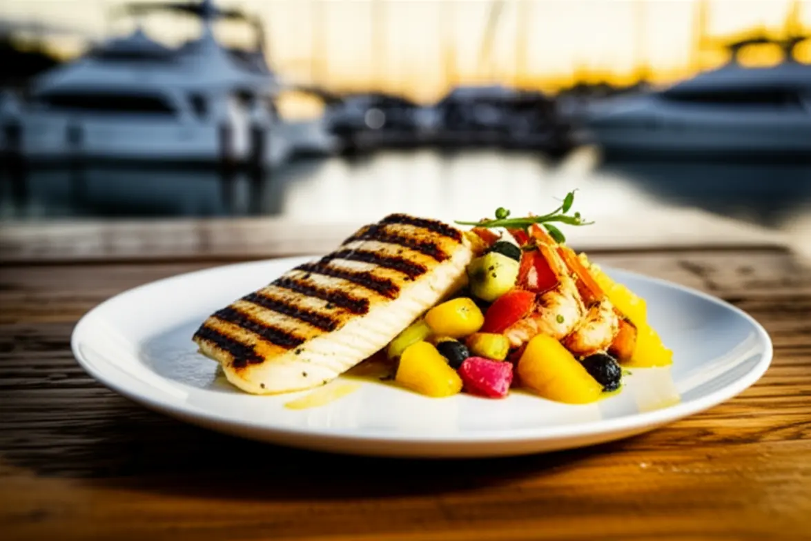 Um prato gourmet com Barramundi grelhado e frutos do mar frescos em um restaurante à beira-mar.