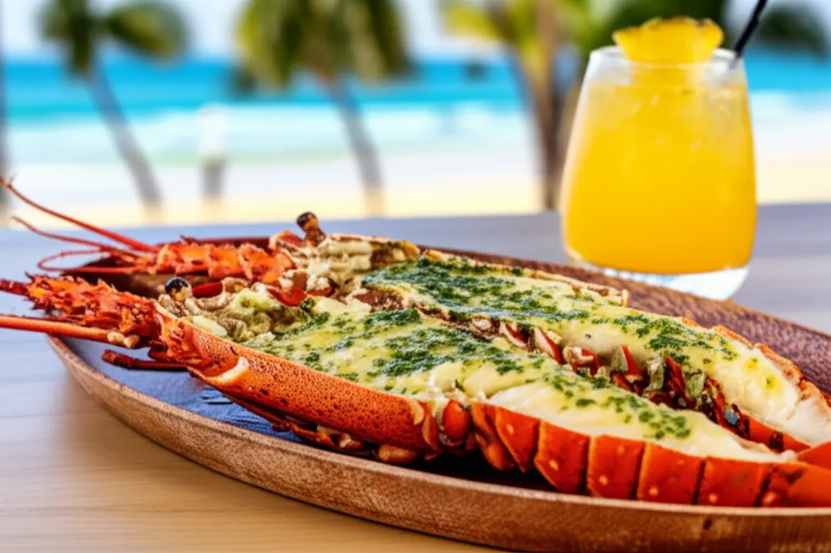 Prato de lagosta caribenha grelhada servida em um ambiente de praia em Antígua.