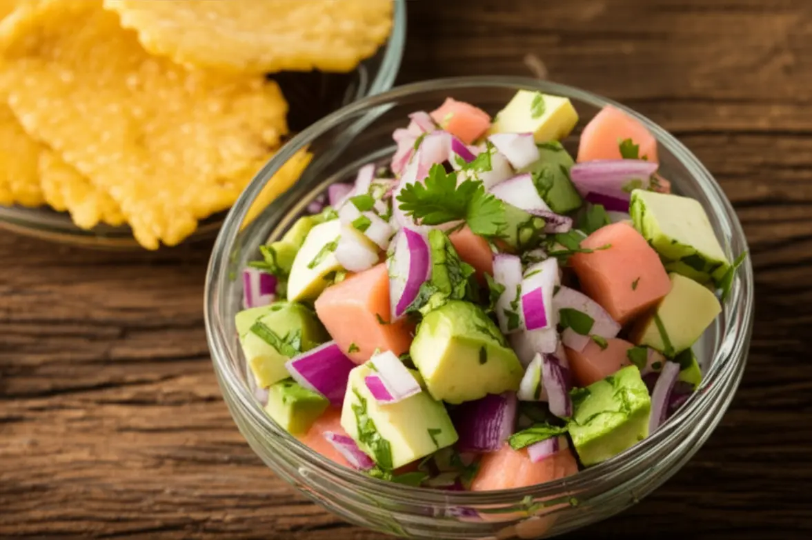 Prato de ceviche panamenho fresco com patacones servido em uma mesa rústica de madeira.