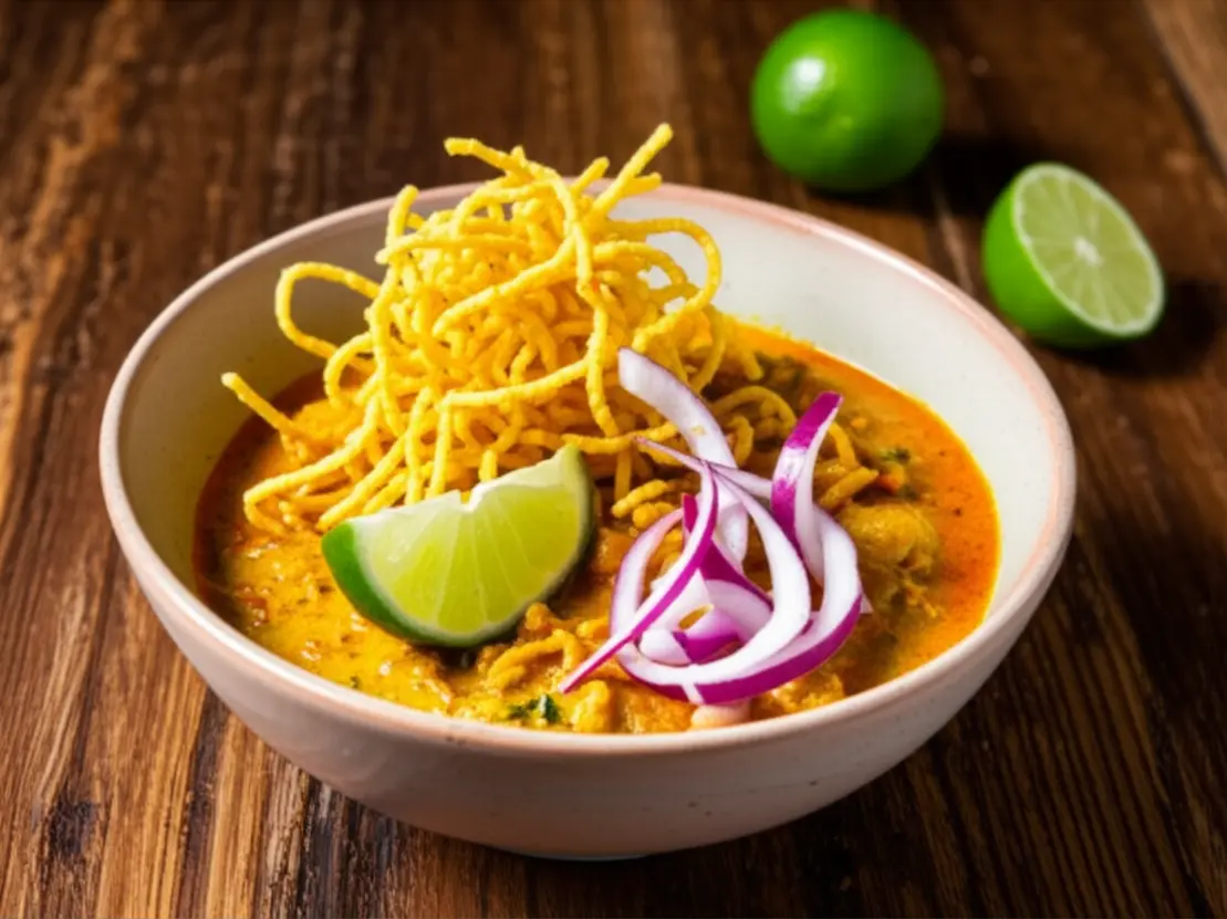 Tigela de Khao Soi, prato típico de Chiang Mai, com macarrão crocante e curry de coco.