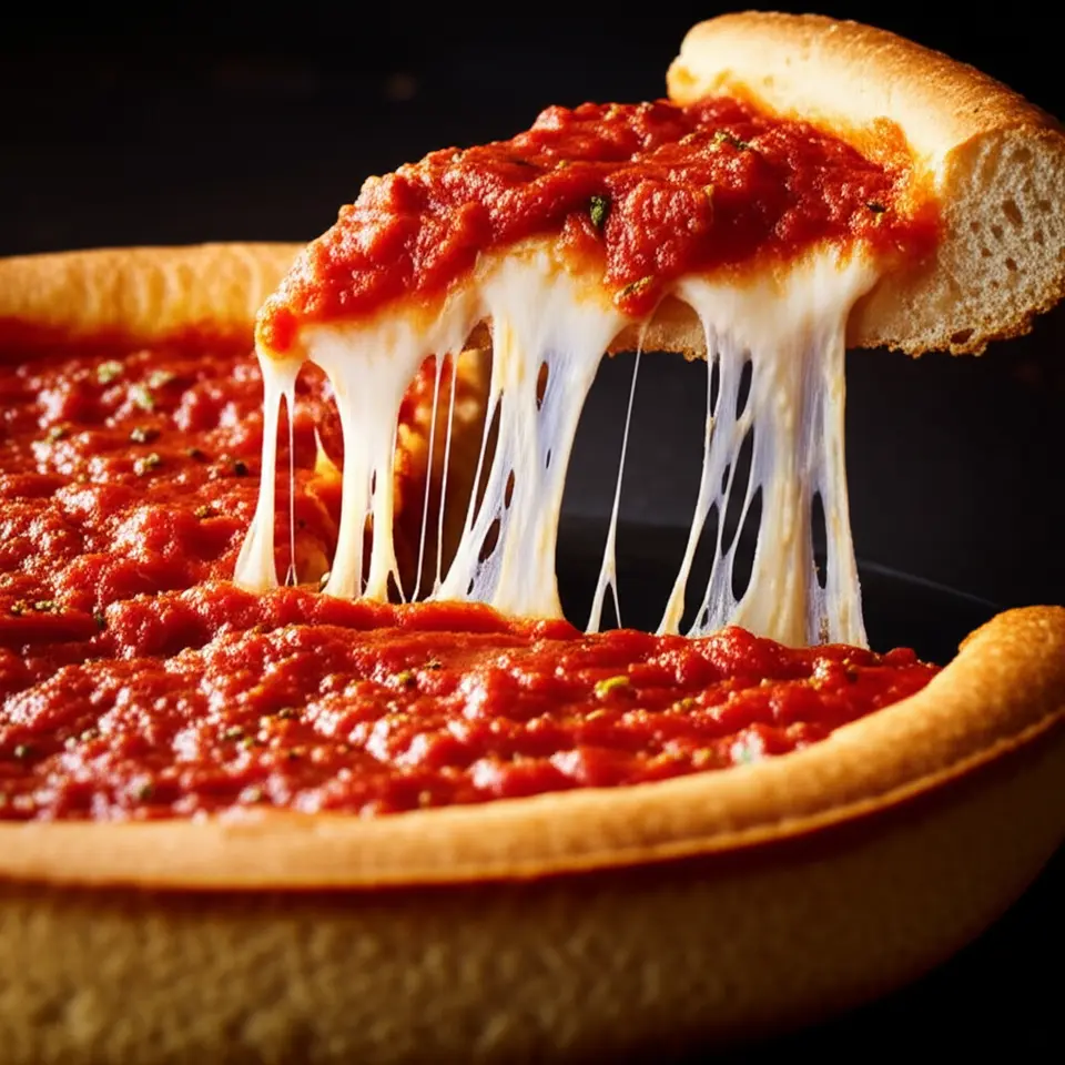 Uma fatia de pizza Deep Dish de Chicago com queijo derretido e molho de tomate.