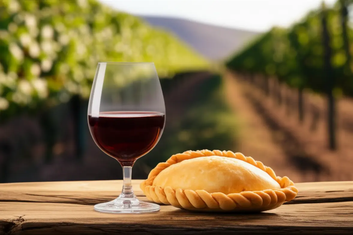 Taça de vinho tinto Carmenère e um prato típico chileno em uma mesa rústica.