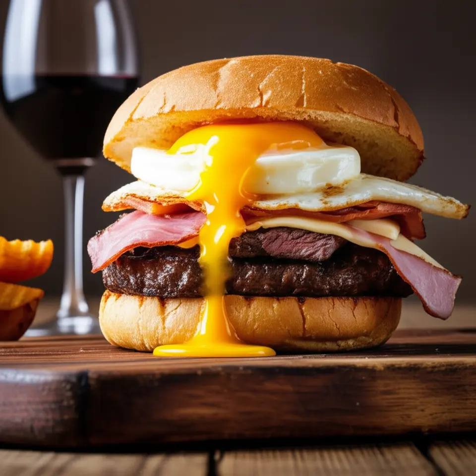 Sanduíche Chivito tradicional uruguaio com um copo de vinho tinto ao lado.