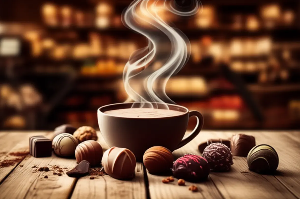 Chocolates artesanais de Bariloche e chocolate quente sobre mesa de madeira.