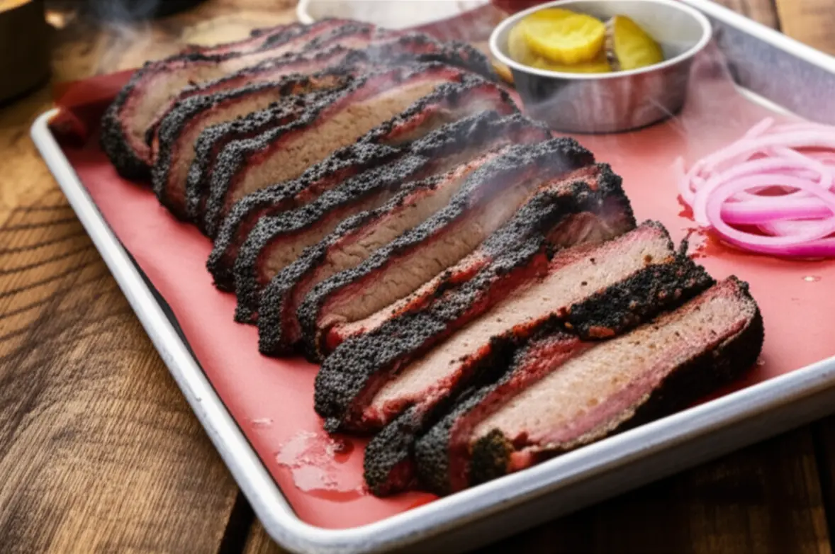 Prato de churrasco texano autêntico com brisket defumado e acompanhamentos.