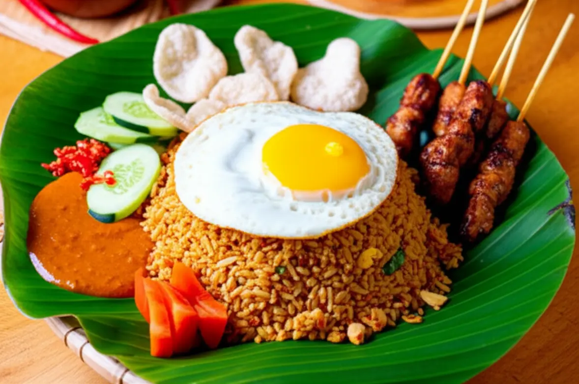 Prato tradicional Nasi Goreng servido em uma folha de bananeira.