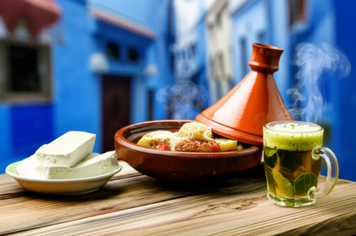 Mesa posta com Tagine marroquino, queijo de cabra e chá de menta em um terraço.
