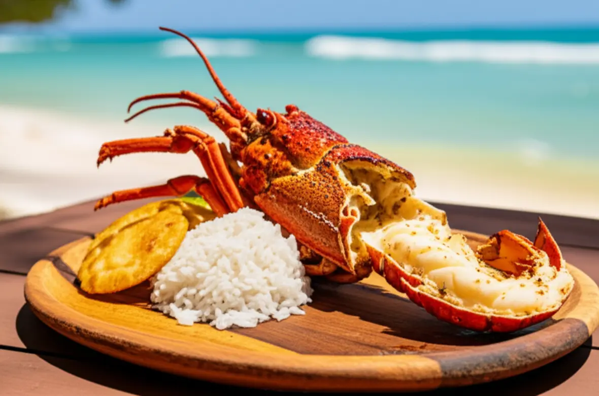Prato de lagosta grelhada com patacones e arroz de coco à beira-mar.