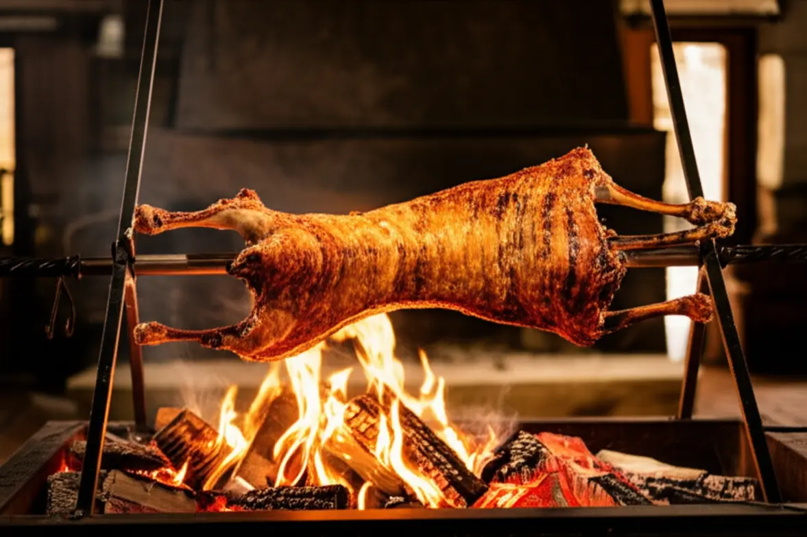 Cordeiro patagônico assado na cruz em uma estância tradicional.