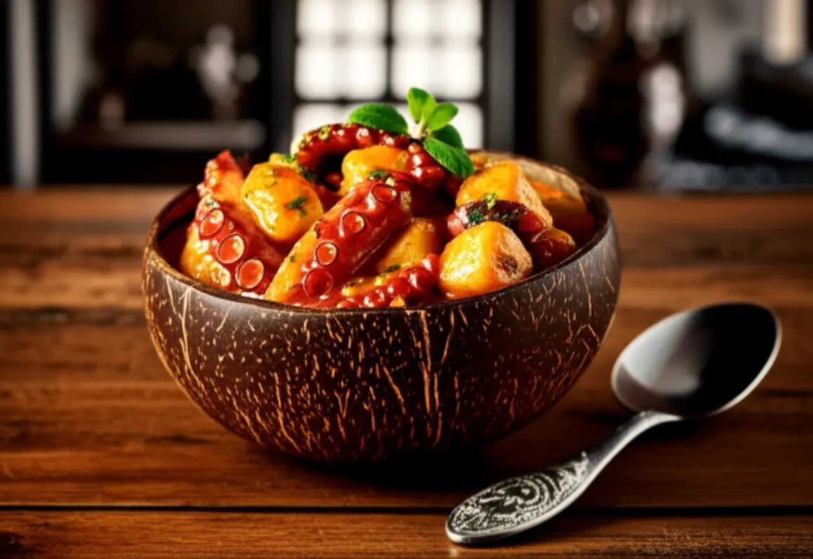 Prato de curry de polvo servido em uma casca de coco sobre mesa de madeira.