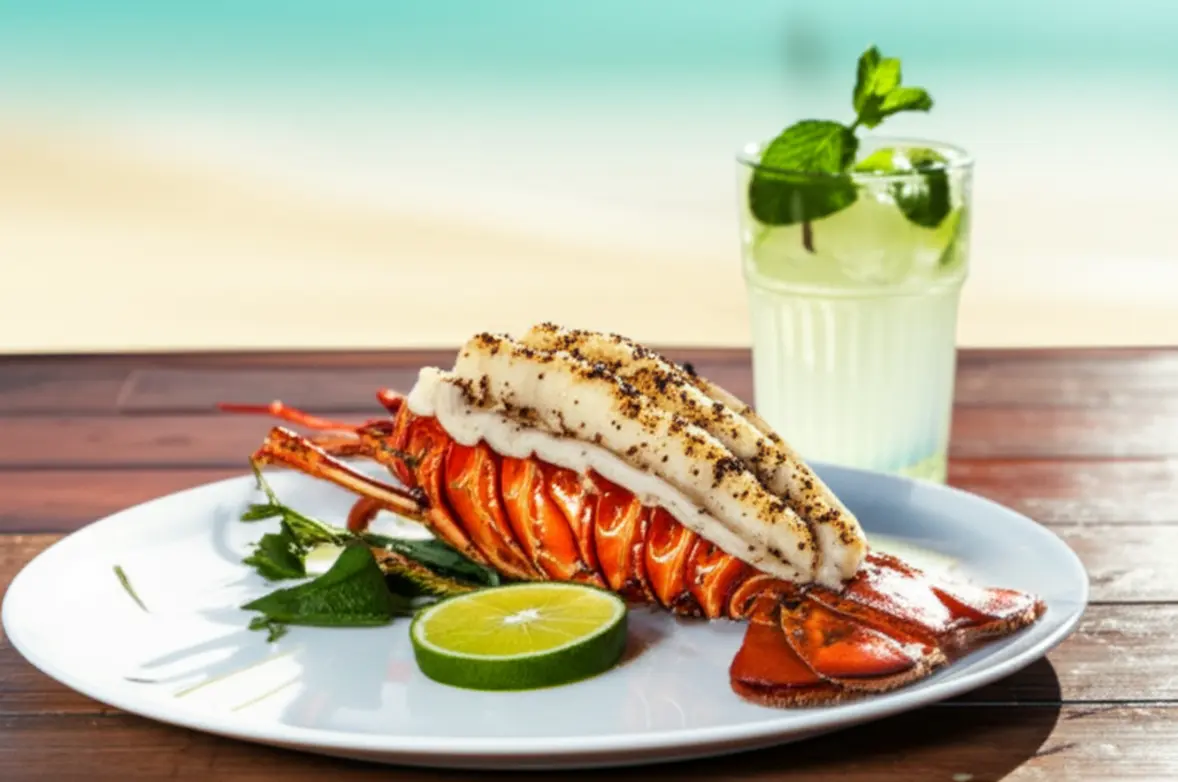 Prato de lagosta grelhada acompanhado por um drink Mojito refrescante.
