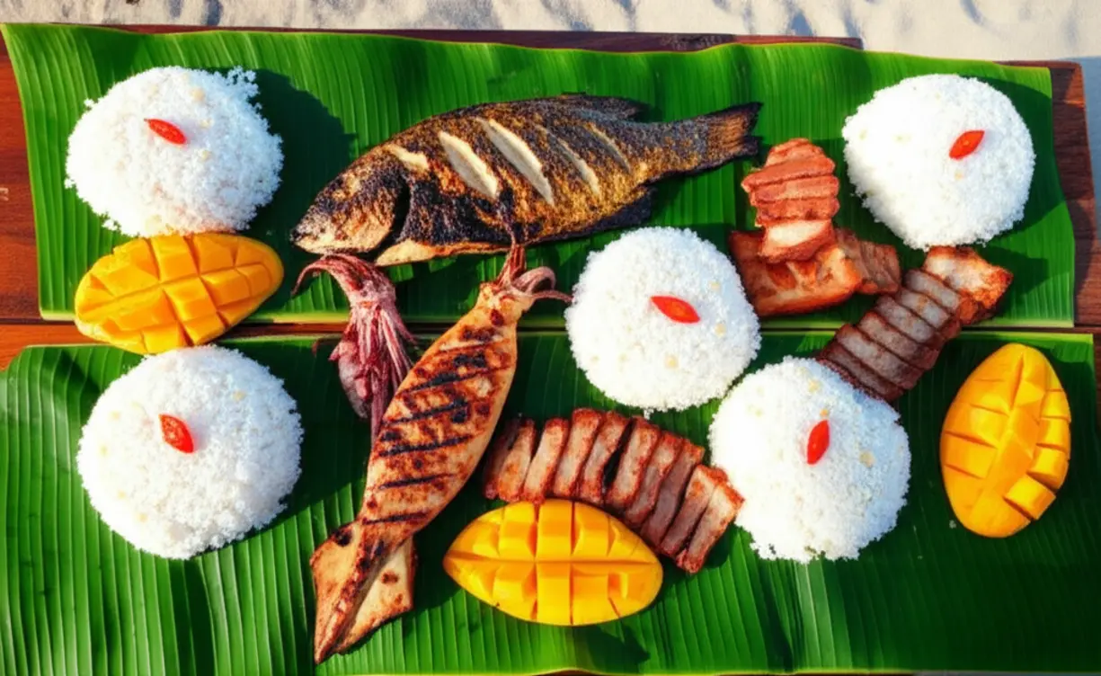 Banquete de frutos do mar e frutas tropicais servido em folhas de bananeira na praia.
