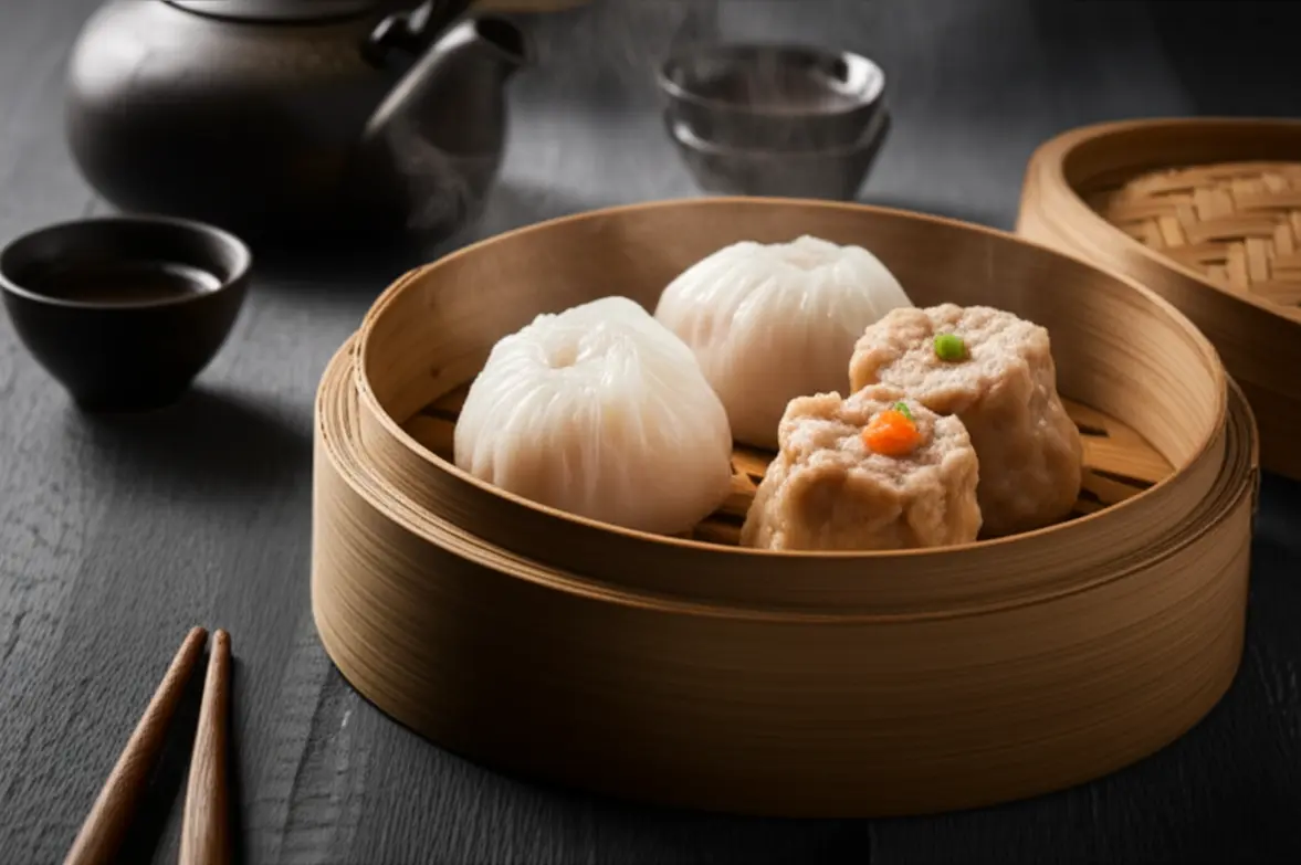 Cestos de bambu com Dim Sum e fumaça saindo em um restaurante tradicional.