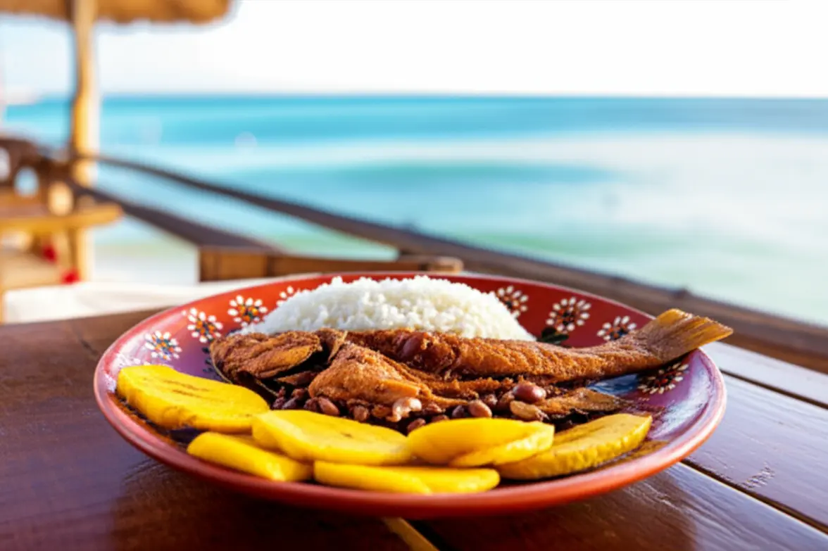 Prato de peixe frito com banana-da-terra e arroz em restaurante na praia.