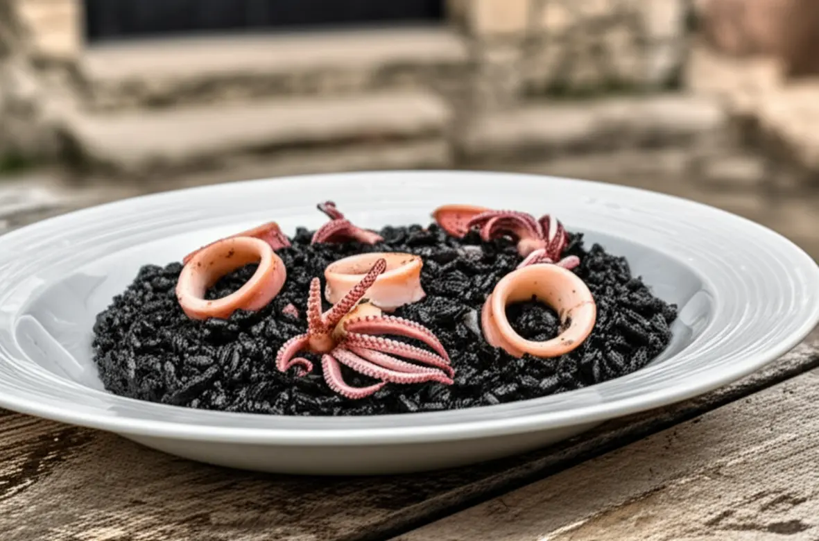 Prato de risoto negro com lulas, prato típico da gastronomia de Dubrovnik, servido à mesa.