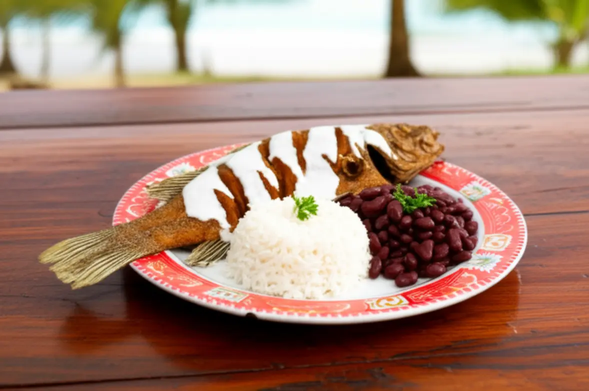 Prato de peixe frito com molho de coco e acompanhamentos típicos da República Dominicana.