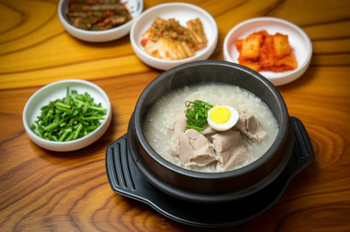 Uma tigela fumegante de Dwaeji Gukbap com acompanhamentos em uma mesa de madeira.