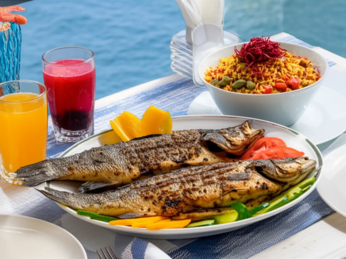 Mesa de jantar com pratos típicos egípcios e frutos do mar com vista para a costa.