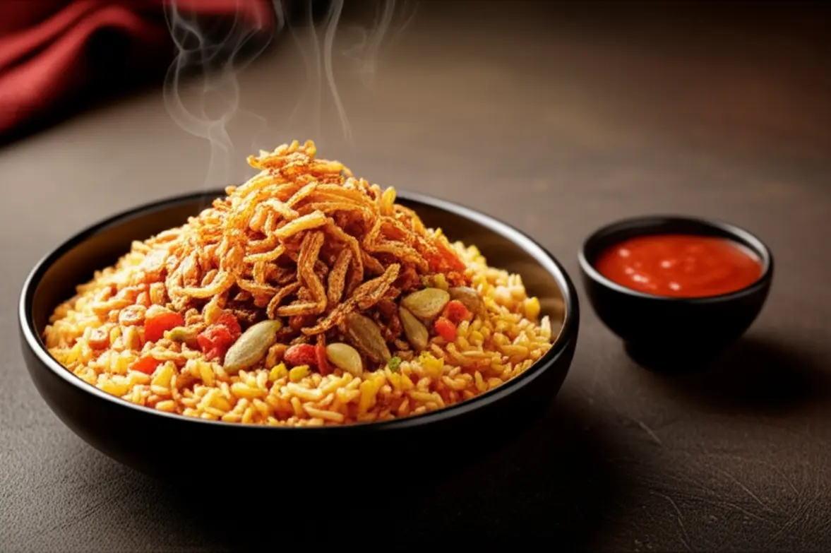 Prato típico egípcio Koshary servido em uma mesa rústica.