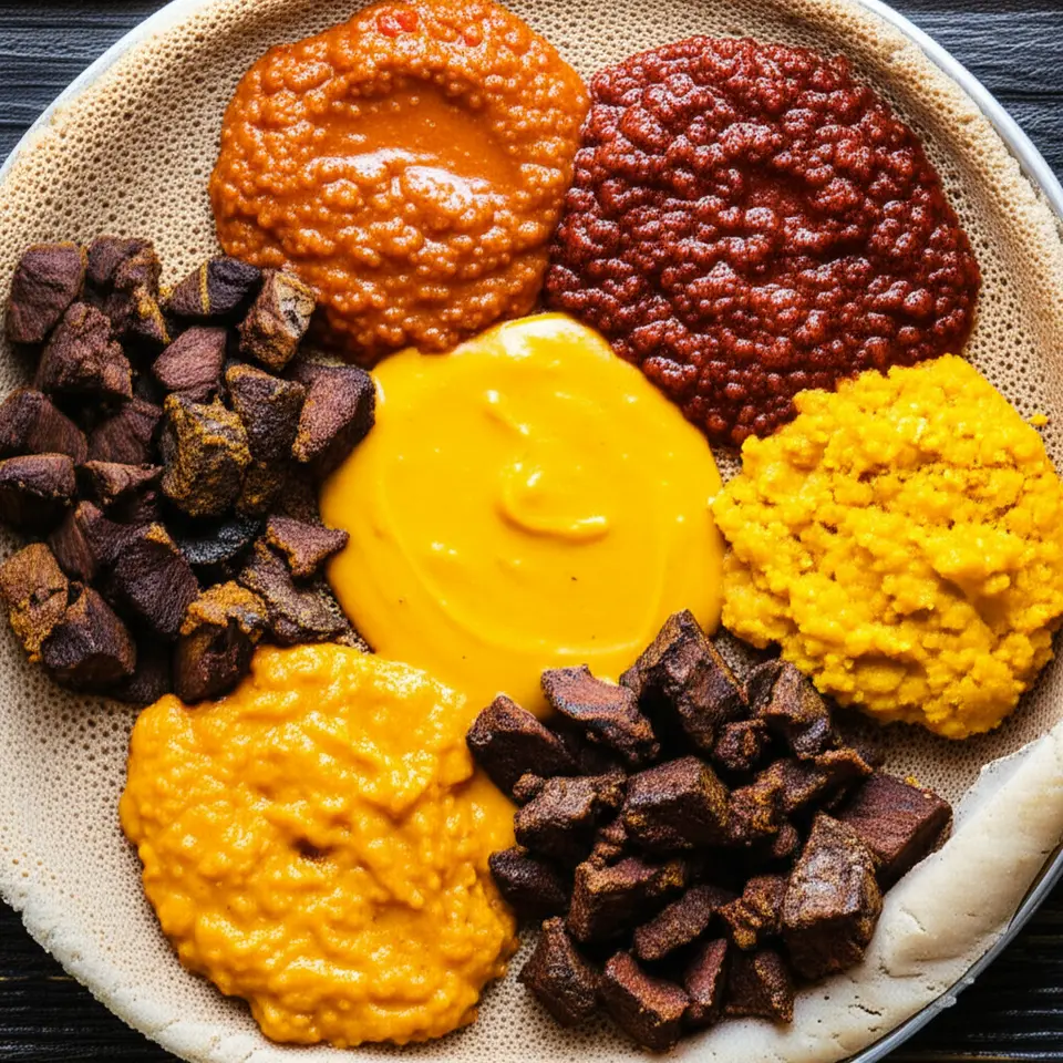 Prato grande de pão Injera coberto com porções coloridas de Doro Wat e diversos guisados.