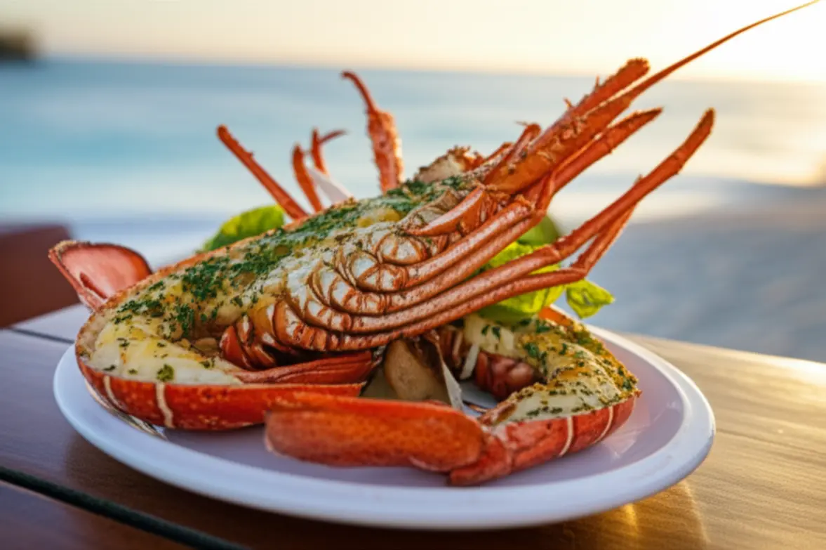 Prato sofisticado de lagosta grelhada em um restaurante à beira-mar em Grand Case.
