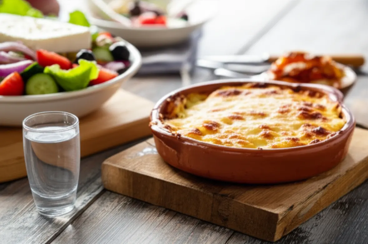 Mesa com salada grega tradicional, moussaka e aperitivos em um restaurante ao ar livre em Atenas.
