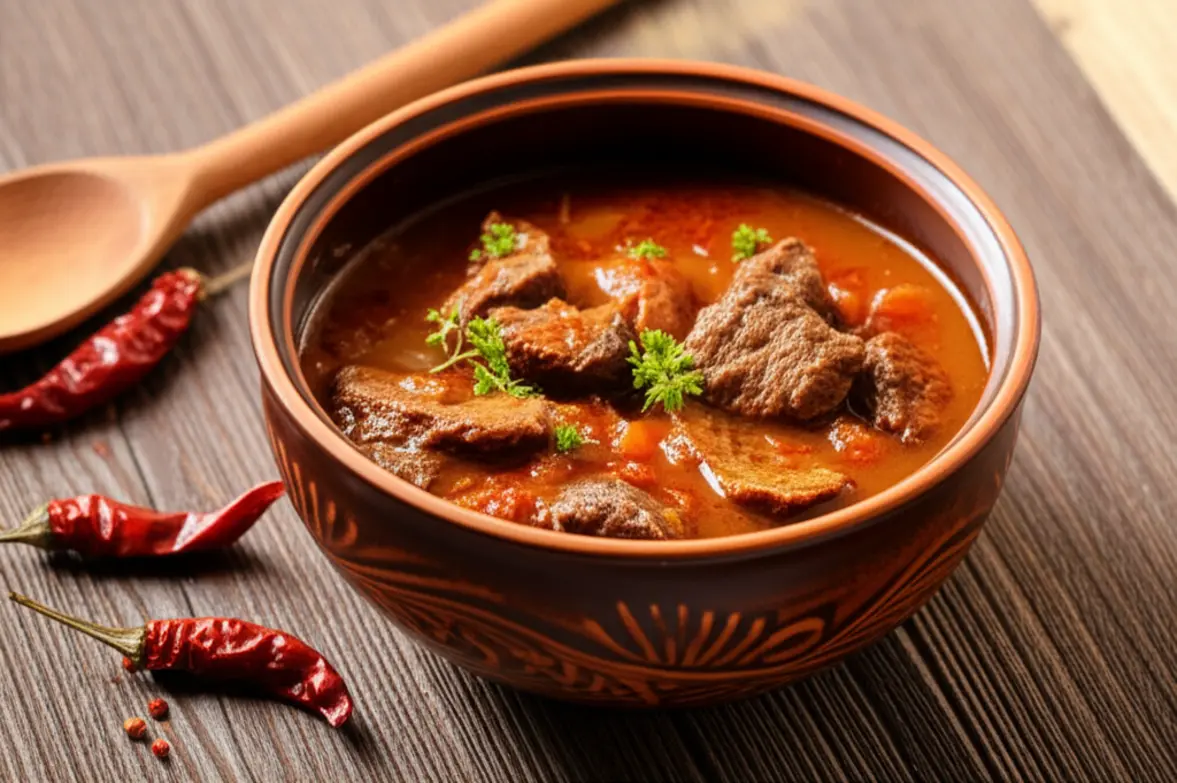 Prato de sopa Goulash húngaro tradicional servido em uma mesa rústica.