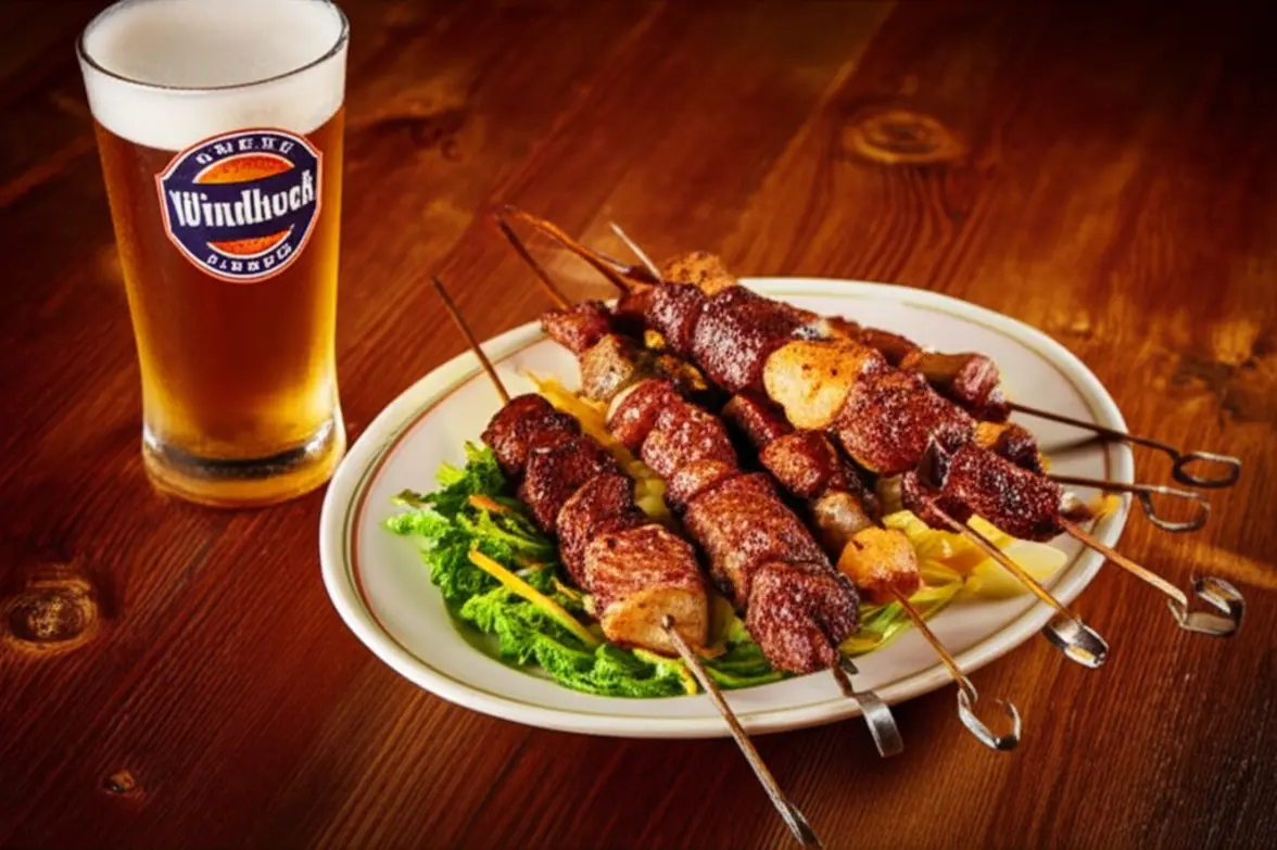 Prato de carne de caça e cerveja Windhoek Lager no restaurante Joe's Beerhouse.