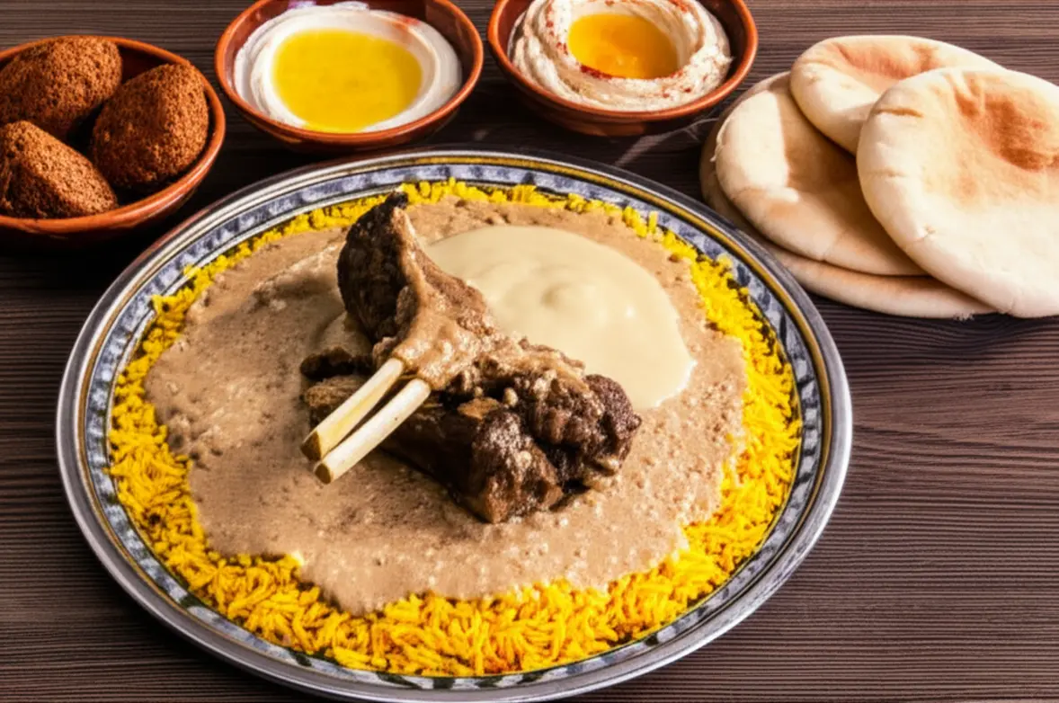 Mesa farta com pratos típicos da Jordânia como Mansaf e Hummus.